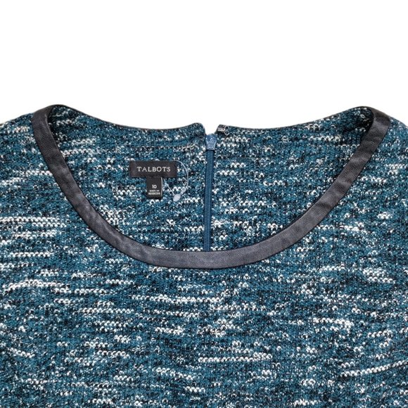 Talbots Women Size 10 Dress Blue Short Sleeve Round Neck Solid Faux Leather Trim - Picture 2 of 6